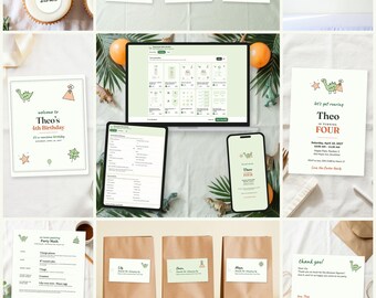 Puede incluir: Un paquete digital imprimible para fiesta de cumpleaños con temática de dinosaurios que incluye plantillas editables para invitaciones, etiquetas de comida, tarjetas de agradecimiento y letreros, mostrado en una computadora portátil, tableta y teléfono.
