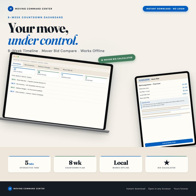 May include: A digital moving command center dashboard displayed on a laptop and tablet screen. The interface features an 8-week countdown, mover bid calculator, box inventory, and address change tracker. The design uses blue and white text on a cream background.
