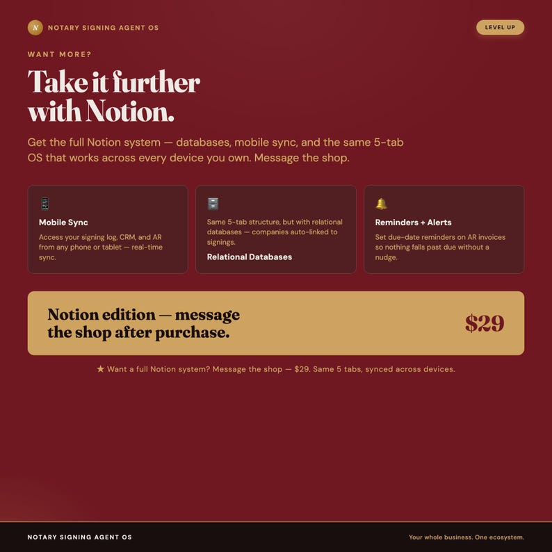 May include: A digital product advertisement for Notary Signing Agent OS on a dark red background. It features text promoting a Notion system with mobile sync, relational databases, and reminders. The layout includes a $29 price tag and instructions.