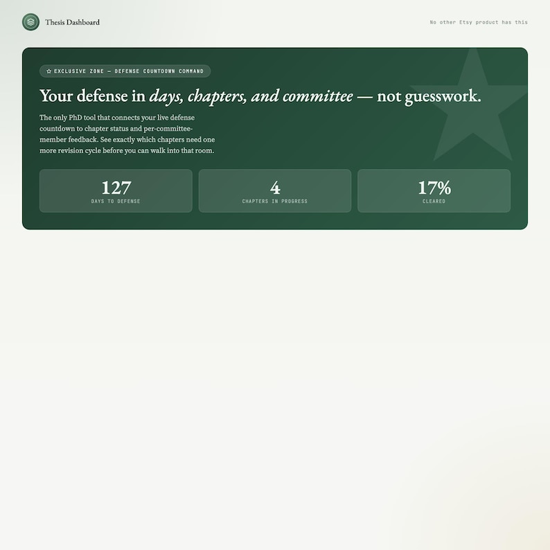 May include: A dark green digital dashboard with white text. The dashboard displays the text "Your defense in days, chapters, and committee - not guesswork." It also shows the countdown to defense, chapters in progress, and percentage cleared.