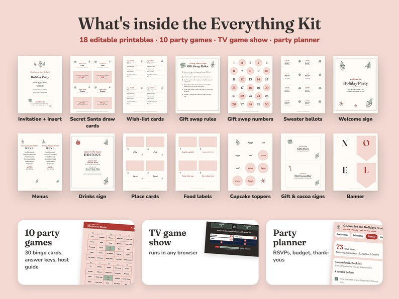 Everything included in the Gnome For The Holidays christmas party Everything Kit