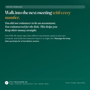 PTA treasurer dashboard instant download, one HTML file with seven tabs that runs in any browser