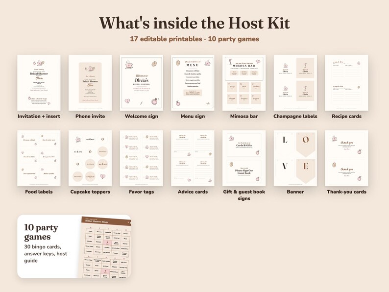 Everything included in the Love Is Brewing bridal shower Host Kit
