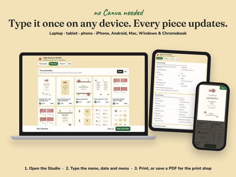 Editing the Ugly Sweater christmas party printables on a laptop, tablet or phone