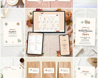 May include: A digital bridal shower stationery bundle featuring editable templates for invitations, recipe cards, thank you notes, and food labels. The set includes fall-themed graphics like leaves and pumpkins, displayed on a laptop, tablet, and phone screen.