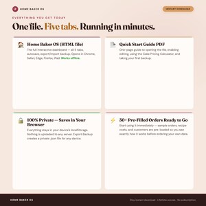 May include: A digital product information graphic titled Home Baker OS with the text One file. Five tabs. Running in minutes. It lists features including an HTML file dashboard, a PDF guide, private browser storage, and 30 plus pre-filled orders.