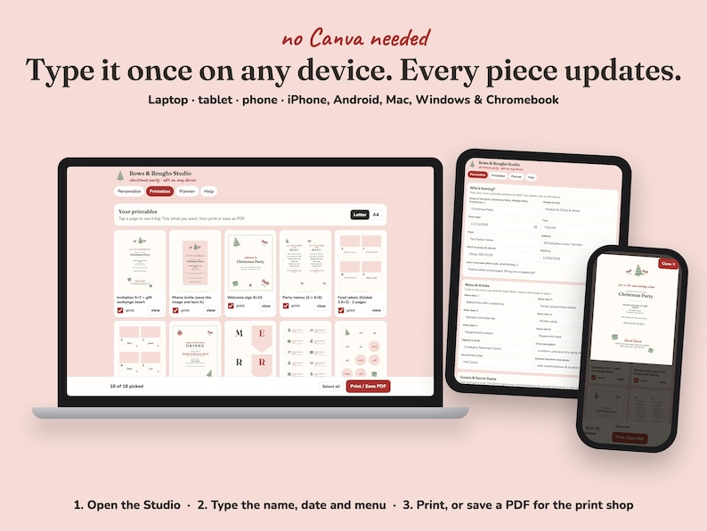 Editing the Bows And Boughs christmas party printables on a laptop, tablet or phone