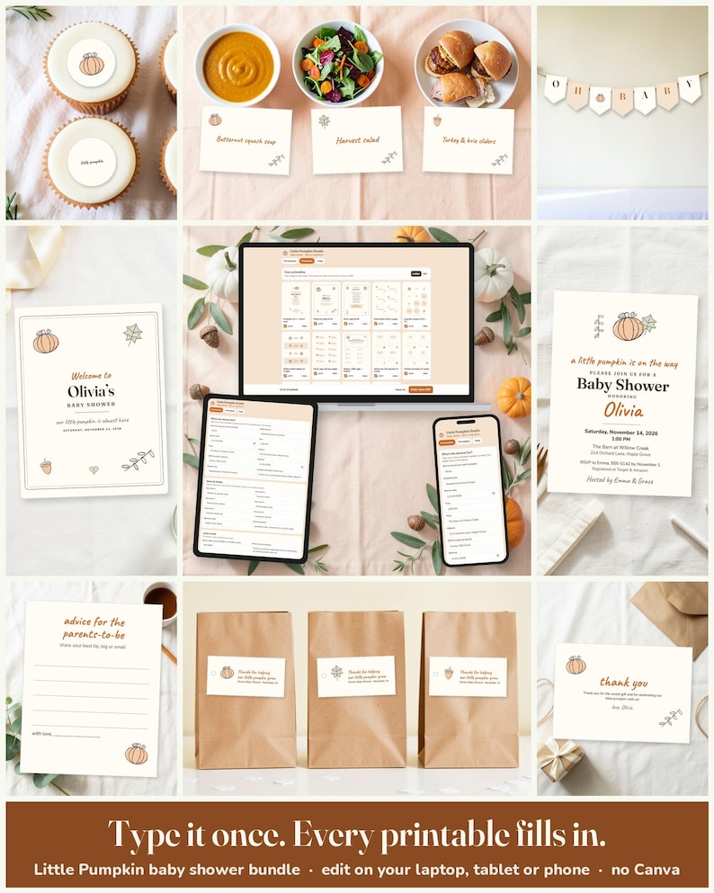Little Pumpkin Baby Shower Host Kit: edit on a laptop, tablet or phone, every printable fills in