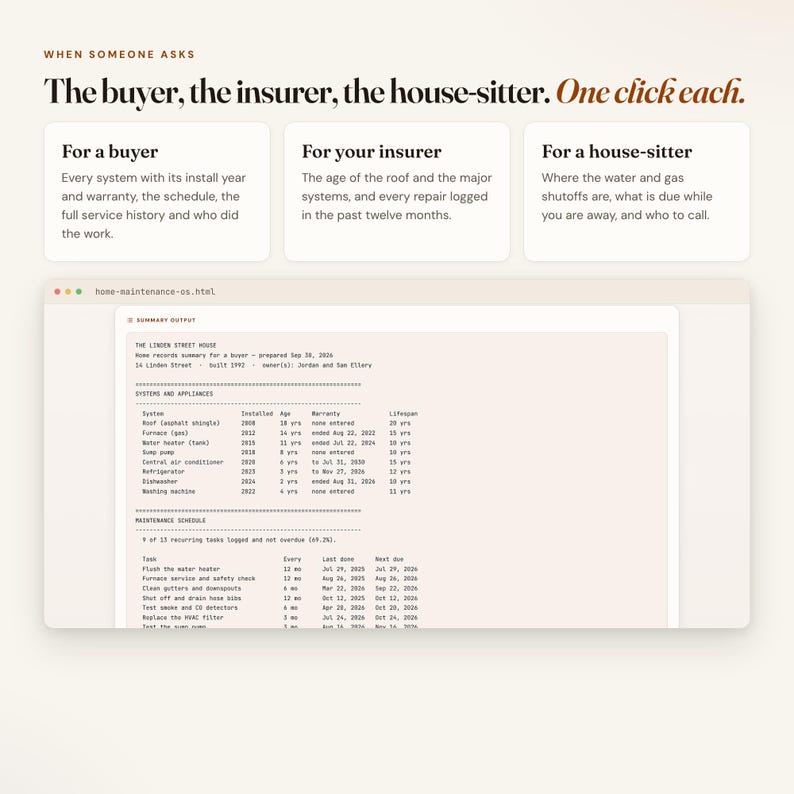 Home maintenance tracker records summary for a buyer, insurer or house-sitter, built in one click