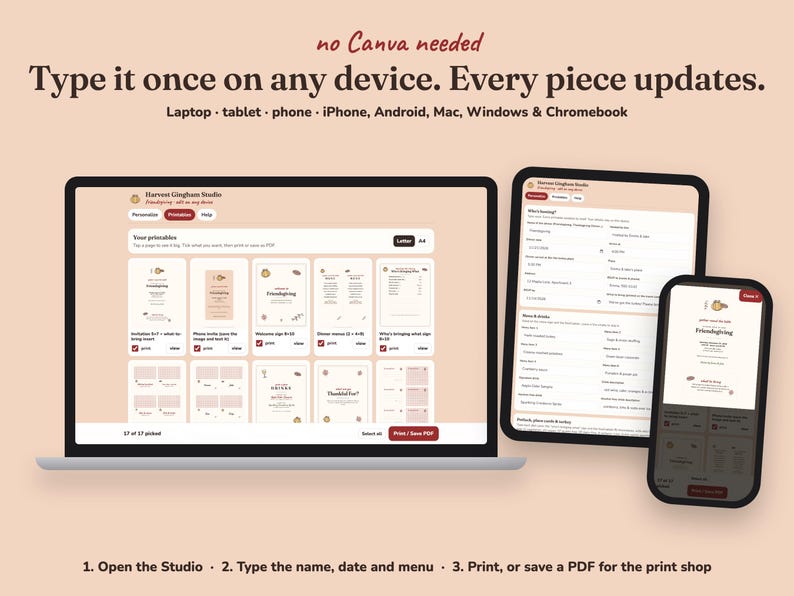 Editing the Harvest Gingham friendsgiving printables on a laptop, tablet or phone