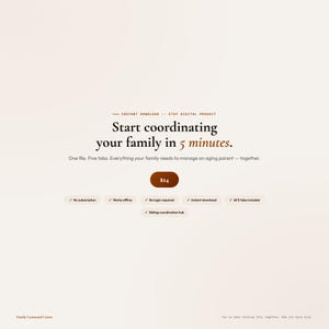 May include: Digital product advertisement with text: "Start coordinating your family in 5 minutes." Includes a price tag and checkmarks for features like "No subscription" and "Instant download."