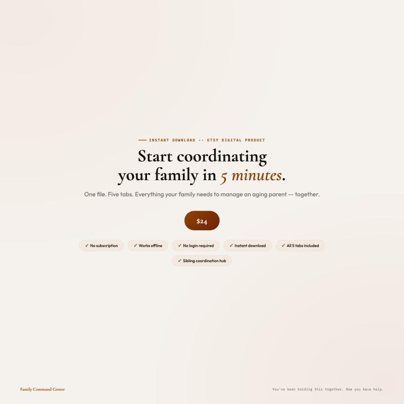 May include: Digital product advertisement with text: "Start coordinating your family in 5 minutes." Includes a price tag and checkmarks for features like "No subscription" and "Instant download."