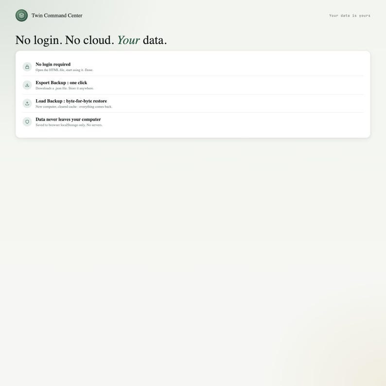Export Backup and Load Backup affordances for offline-first twin newborn tracker, no cloud account needed