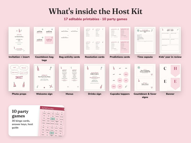Everything included in the Pop The Bubbly new year s eve party Host Kit
