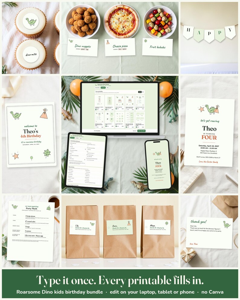 Roarsome Dino Kids Birthday Party Printable Suite: edit on a laptop, tablet or phone, every printable fills in