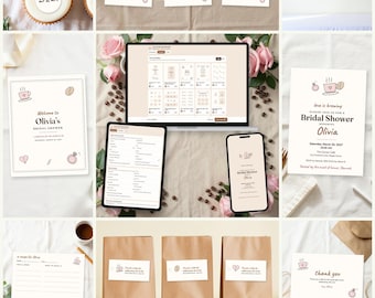 May include: A bridal shower printable bundle featuring a welcome sign, invitation, recipe card, thank you card, and food labels. The stationery displays coffee-themed illustrations, pink accents, and the text Love is brewing.