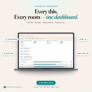 Home Reset Cleaning OS dashboard: interactive cleaning schedule planner with auto-rotating room tasks and overdue tracker