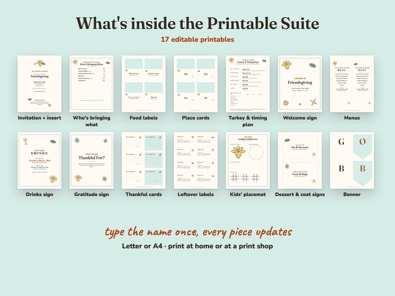 Everything included in the Gobble Gobble friendsgiving Printable Suite