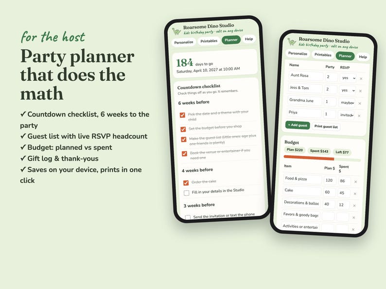 Roarsome Dino kids birthday party planner with checklist, RSVPs, budget and gift log