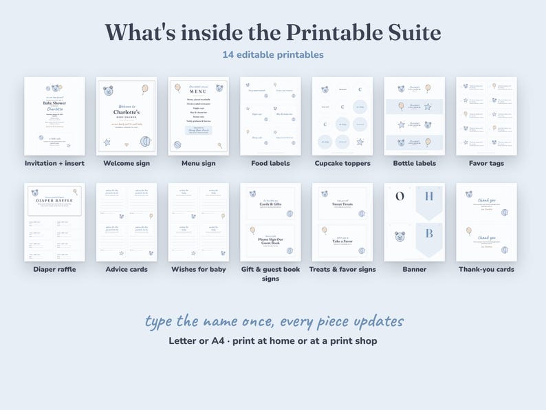 Everything included in the Teddy Bear baby shower Printable Suite