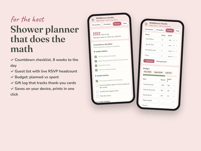 Wildflower baby shower planner with checklist, RSVPs, budget and gift log