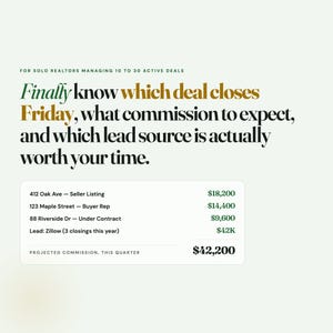 May include: A digital graphic for realtors featuring the text: Finally know which deal closes Friday, what commission to expect, and which lead source is actually worth your time. Below is a list of property addresses, lead sources, and dollar amounts.