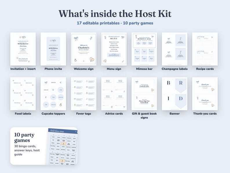 Everything included in the Something Blue bridal shower Host Kit
