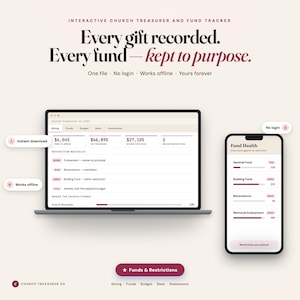 Church treasurer dashboard on laptop and phone: $6,045 free to spend of $46,895 and 2 funds below restriction