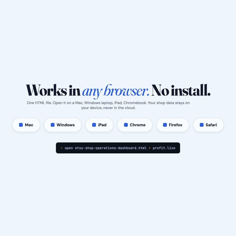 May include: A digital graphic with the text Works in any browser. No install. One HTML file. Open it on a Mac, Windows laptop, iPad, Chromebook. Your shop data stays on your device, never in the cloud. Includes icons for Mac, Windows, iPad, Chrome, Firefox, Safari.