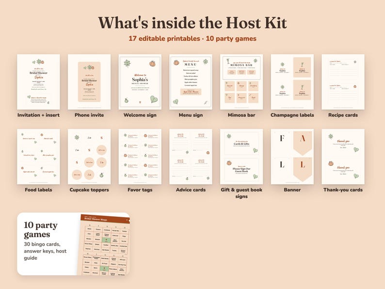 Everything included in the Fall In Love bridal shower Host Kit