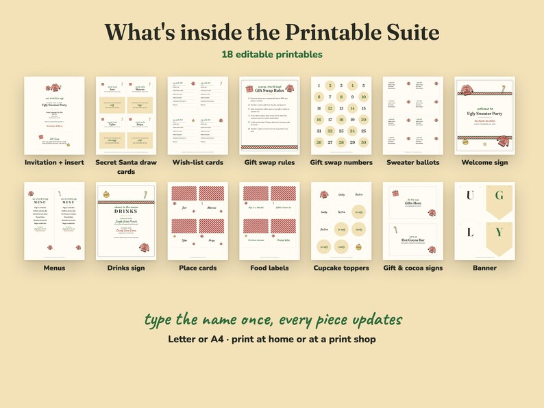 Everything included in the Ugly Sweater christmas party Printable Suite