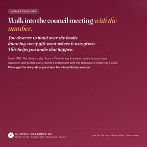 Church treasurer dashboard instant download, one HTML file with seven tabs that runs in any browser