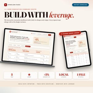 May include: A digital product advertisement for a home renovation command center. The image features a laptop and tablet displaying a dashboard with financial data. Text includes "Build with leverage" and "Instant Download". Additional icons and text describe features like tabs, ledger, and autosave.