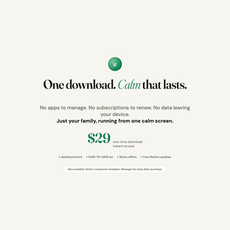 Op de afbeelding: Advertentie voor een digitaal product met de tekst "E&eacute;n download. Rust die beklijft." Een groene cirkel met een witte "c" staat bovenaan. De prijs is $29. De tekst zegt ook "Geen apps om te beheren. Geen abonnementen om te verlengen."