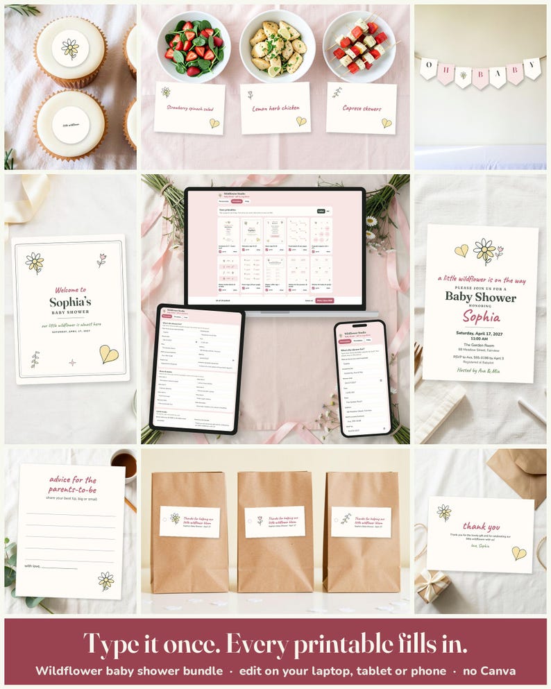 Wildflower Baby Shower Everything Kit: edit on a laptop, tablet or phone, every printable fills in