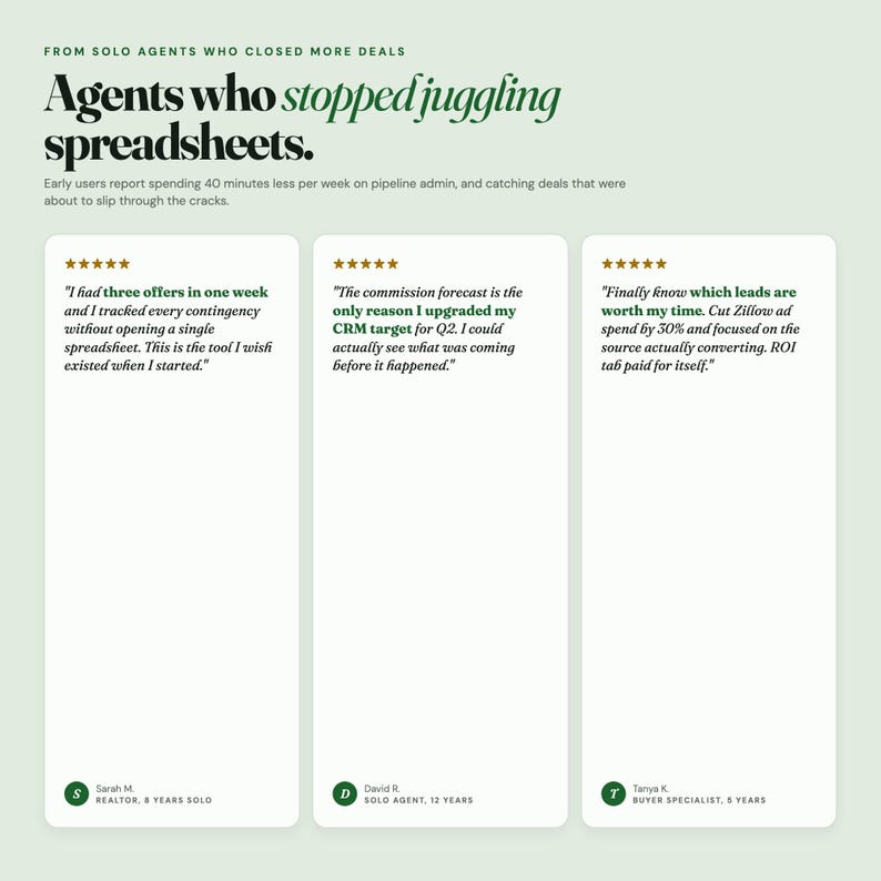 May include: A light green graphic featuring the text Agents who stopped juggling spreadsheets. Below are three white testimonial cards with five-star ratings from Sarah M., David R., and Tanya K., detailing experiences with a CRM tool for real estate agents.