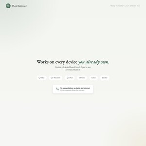 May include: A webpage with the text "Works on every device you already own." and a list of compatible browsers. The page also states "No subscription, no login, no internet." The background is a light, neutral color.