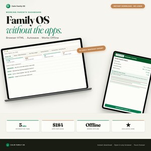 Op de afbeelding: Een website-interface voor "Family OS" wordt weergegeven op een laptop en tablet. De interface bevat een dashboard met gegevens en de tekst "Family OS without the apps." Extra tekst is "Browser HTML. Autosave. Works Offline."