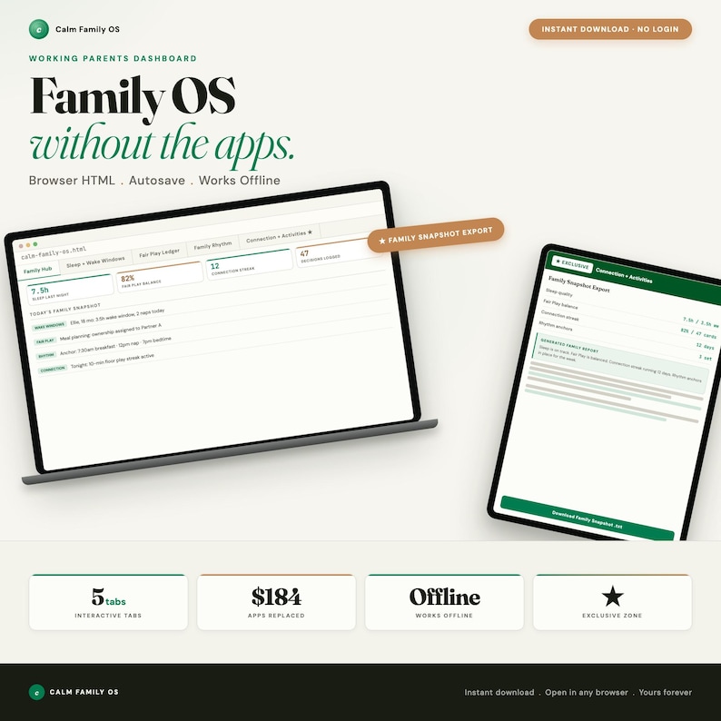 Op de afbeelding: Een website-interface voor "Family OS" wordt weergegeven op een laptop en tablet. De interface bevat een dashboard met gegevens en de tekst "Family OS without the apps." Extra tekst is "Browser HTML. Autosave. Works Offline."