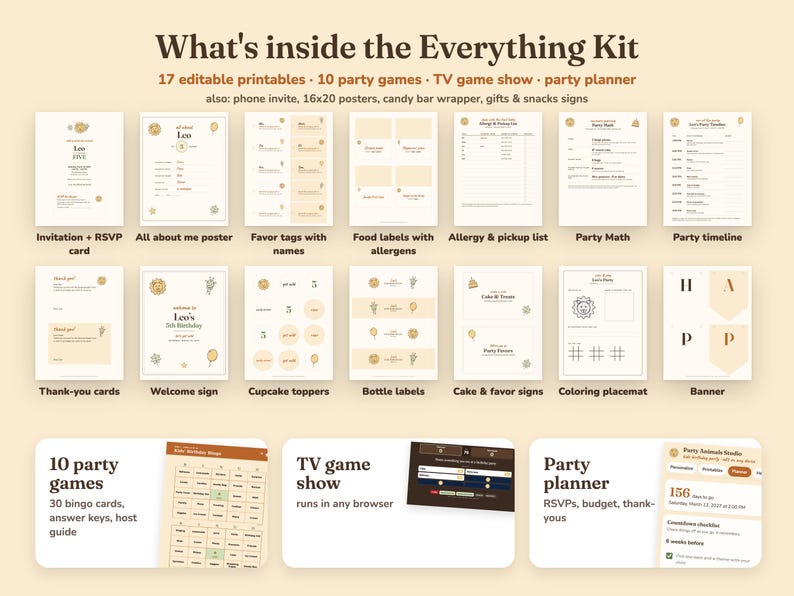 Everything included in the Party Animals kids birthday party Everything Kit