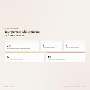 May include: A webpage layout with a cream-colored background. The text "Your parent's whole picture, in four numbers" is displayed. Below are four rectangular boxes with numbers: 28, 3, 5, and 12. The last box shows "$0".