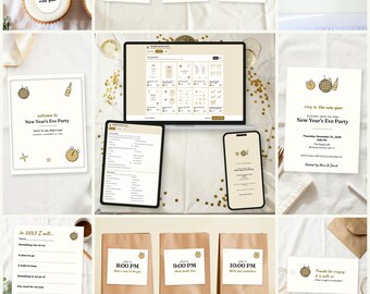 May include: A New Year's Eve party printable bundle featuring editable templates for invitations, food labels, party favor tags, and activity cards. The set includes a "Happy" banner, "New Year's Eve Party" signs, and countdown bags labeled 8:00 PM, 9:00 PM, and 10:00 PM.