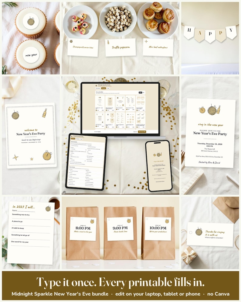 Midnight Sparkle New Year's Eve Party Printable Suite: edit on a laptop, tablet or phone, every printable fills in