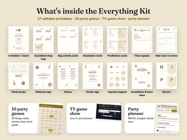 Everything included in the Midnight Sparkle new year s eve party Everything Kit