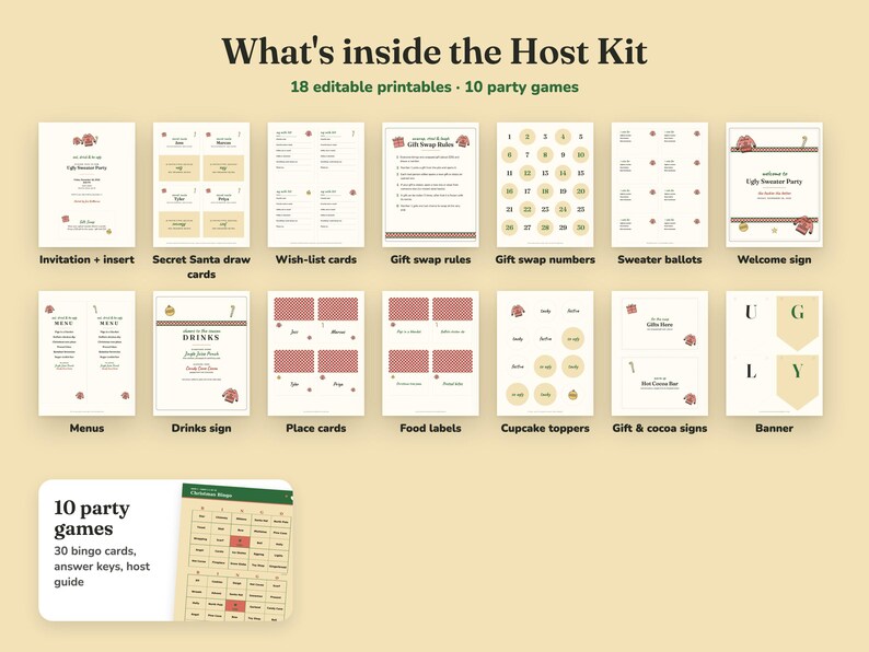Everything included in the Ugly Sweater christmas party Host Kit