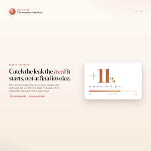 May include: A digital graphic with text and data visualization. The text reads "Catch the leak the week it starts, not at final invoice." A white card displays "+11%" and a progress bar. The overview tab is labeled "The number that bites."