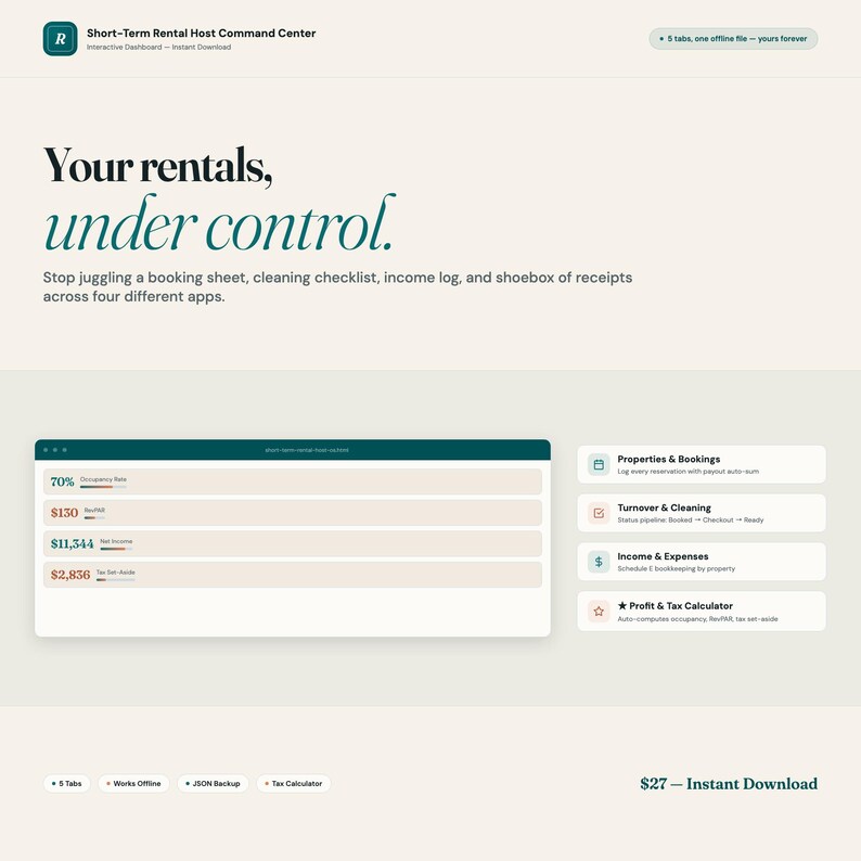 Short-Term Rental Host Command Center, Airbnb Dashboard, Tax Calculator image 2