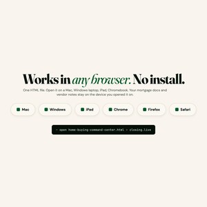 May include: A webpage design with the text "Works in any browser. No install." and a list of compatible devices: Mac, Windows, iPad, Chrome, Firefox, and Safari. The webpage also includes a file path and domain name.