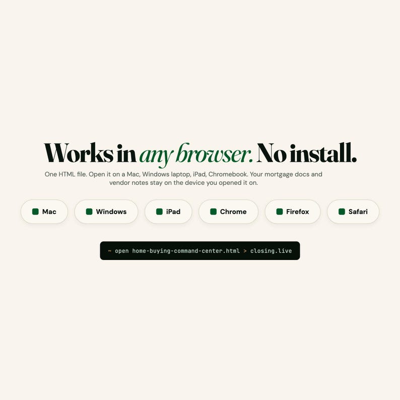 May include: A webpage design with the text "Works in any browser. No install." and a list of compatible devices: Mac, Windows, iPad, Chrome, Firefox, and Safari. The webpage also includes a file path and domain name.