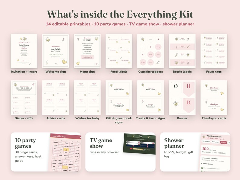 Everything included in the Wildflower baby shower Everything Kit
